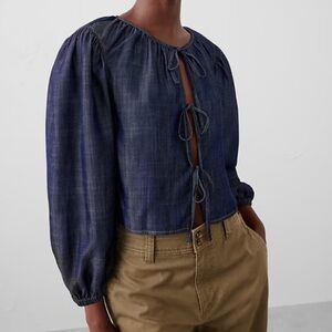 Banana Republic Factory Open Tie-Front Top Cropped Dark Wash Tencel Sz Small